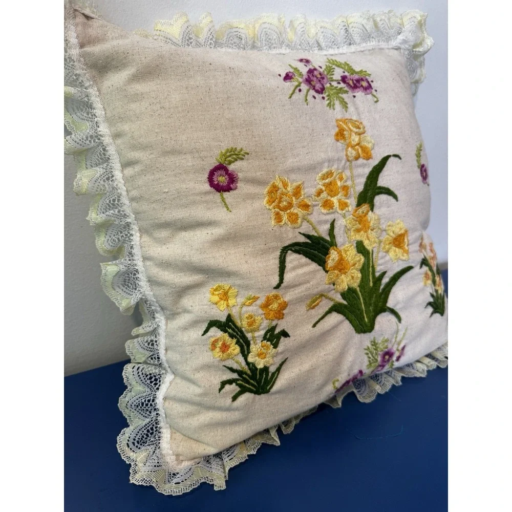 Vintage Crewel Embroidered Floral Throw Pillow Lace Cottagecore
